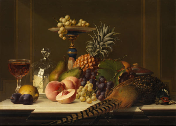 Large fruit still life with pheasant and wine glass