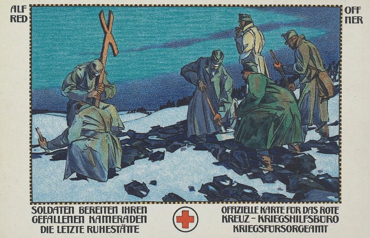 Soldaten bereiten ihren gefallenen Kameraden die letzte Ruhestätte 1915