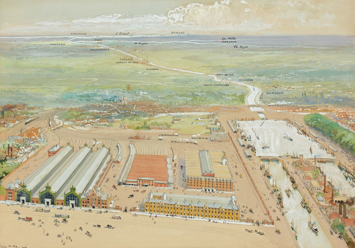 Gezicht op de haven van Brussel en het station van Tour en Taxis 1906