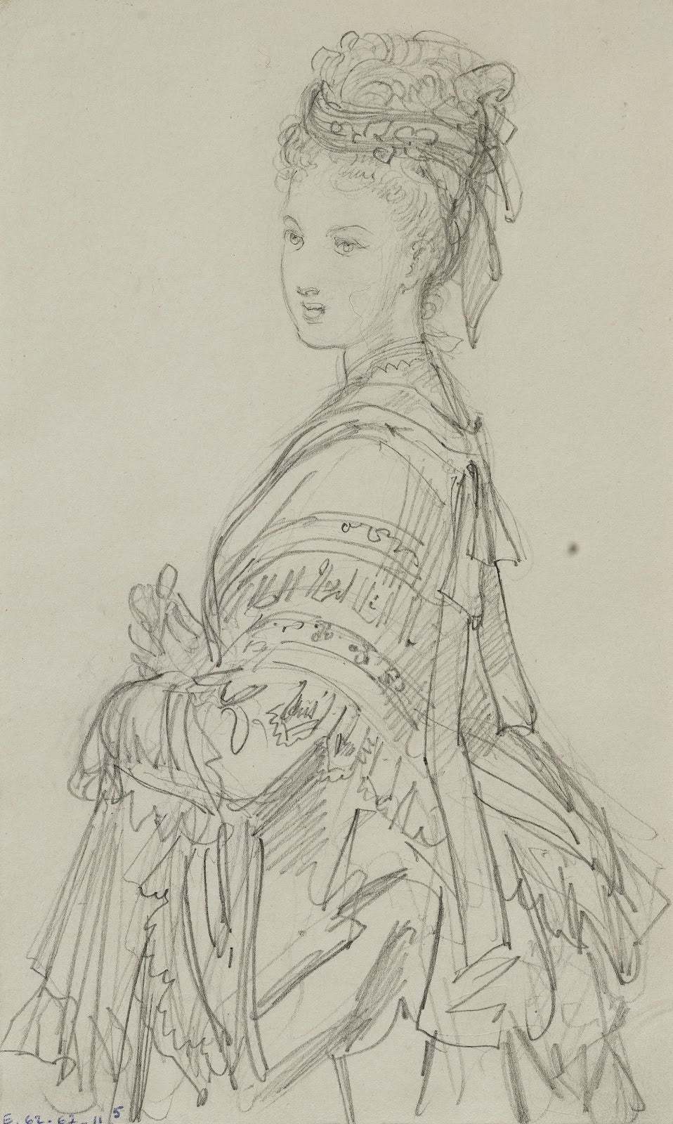 Femme de trois quarts avec coiffe châle sur les épaules et ombrelle repliée 1868