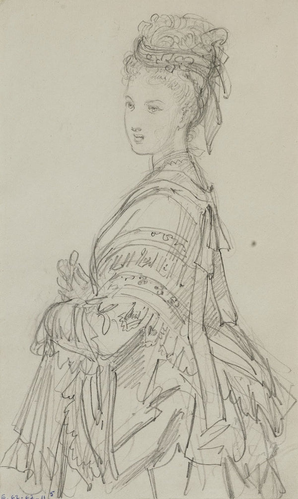 Femme de trois quarts avec coiffe châle sur les épaules et ombrelle repliée 1868