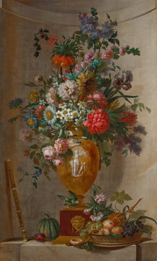 Roses mums lilac a sunflower an iris and other flowers in a sculpted vase a bask