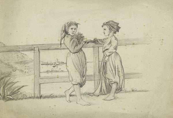 Deux fillettes devant une barrière de bois