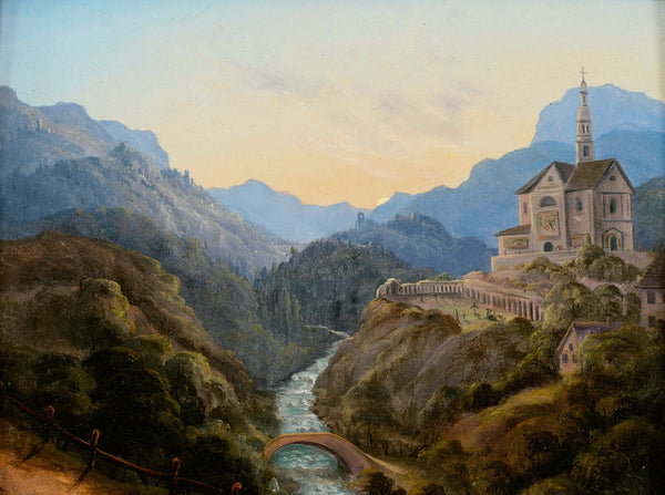 Mountainous landscape with a river valley and an abbey at evening light
