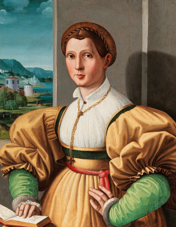 Portrait Of A Lady Half Length In A Yellow Dress With Green Sleeves And A Book I