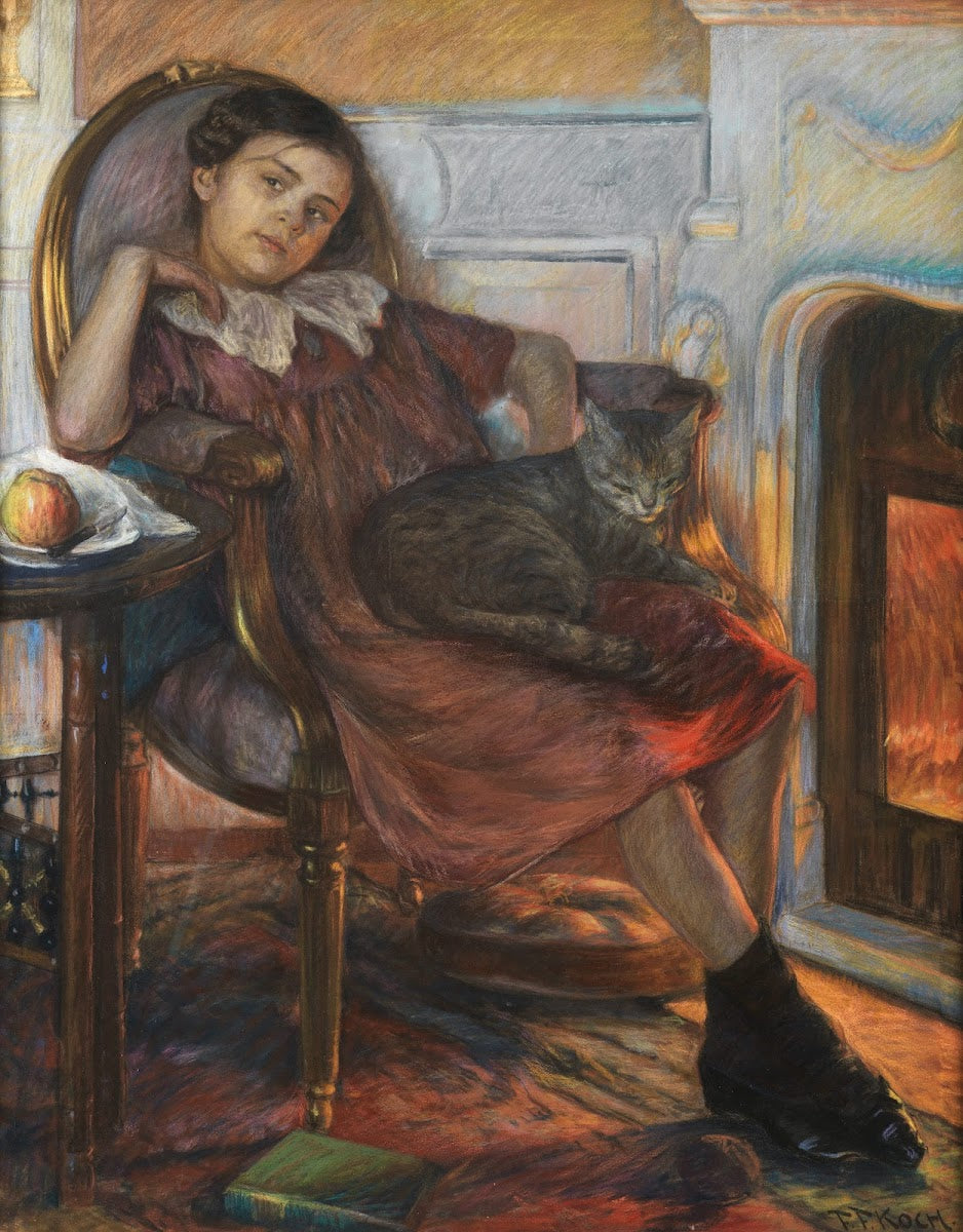 Mädchen mit Katze am Kamin