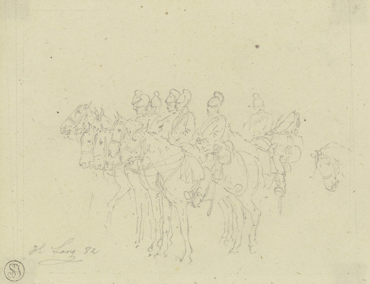 Gruppe von bayerischen Cheveaux légers zu Pferd haltend 1882