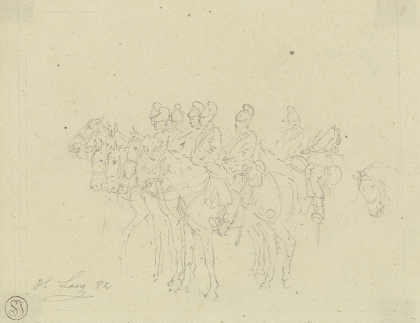 Gruppe von bayerischen Cheveaux légers zu Pferd haltend 1882