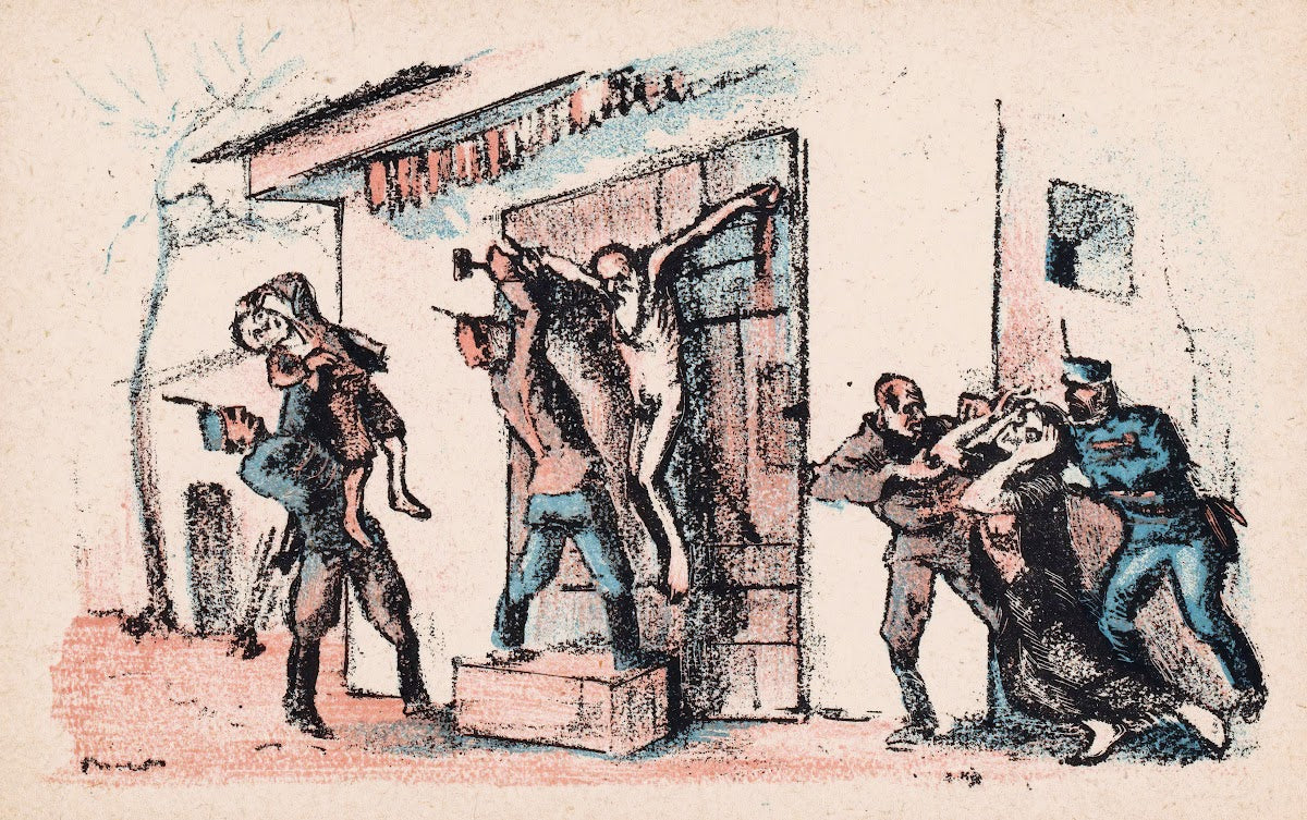 Naakte oude man aan een deur gespijkerd door soldaten die zijn familie dwingen t