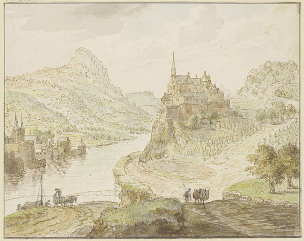 Fluß zwischen Bergen rechts auf einem Felsen ein Kloster