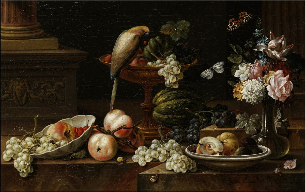 Still Life with flowers and fruits a perroquet and various insects on a ledge 17