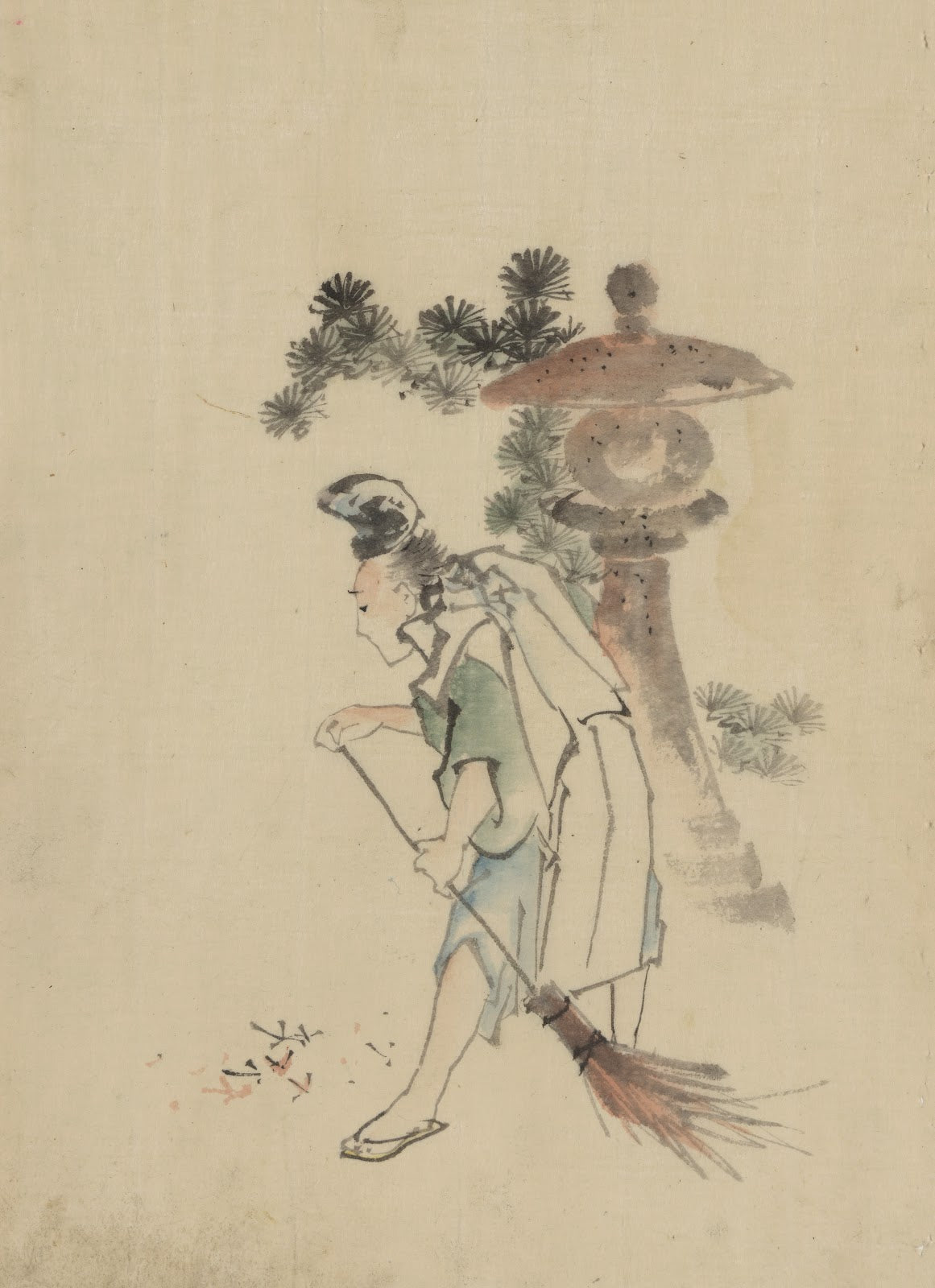 A man sweeping pine needles that have fallen from a tree near a stone shrine 183