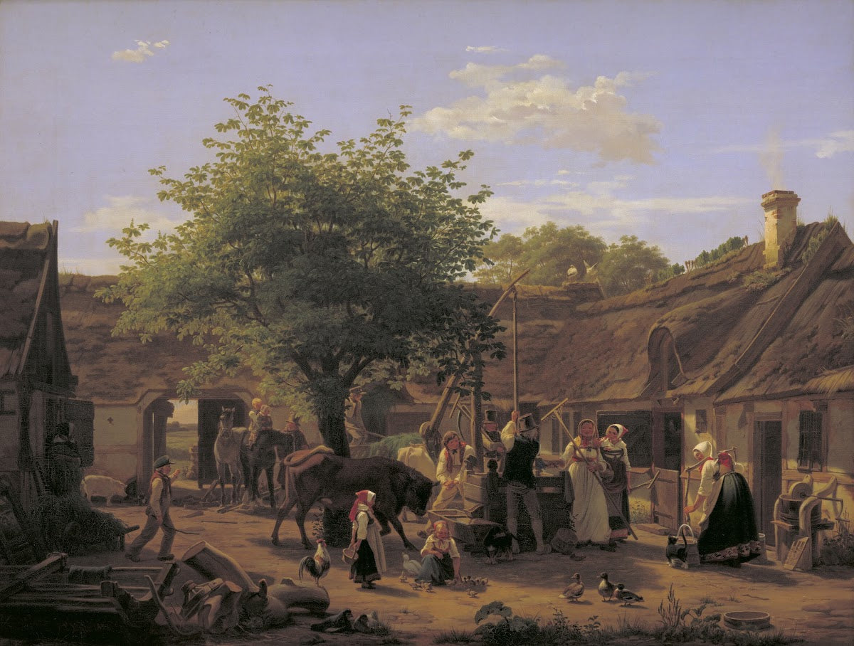 Billede af livet i en sjællandsk bondegård ved middagstid 1852