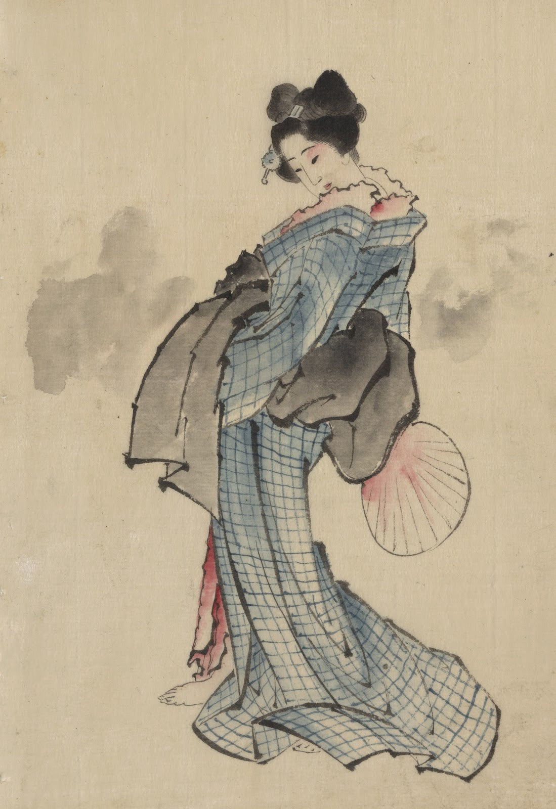 Woman full length portrait standing facing left holding fan in right hand wearin