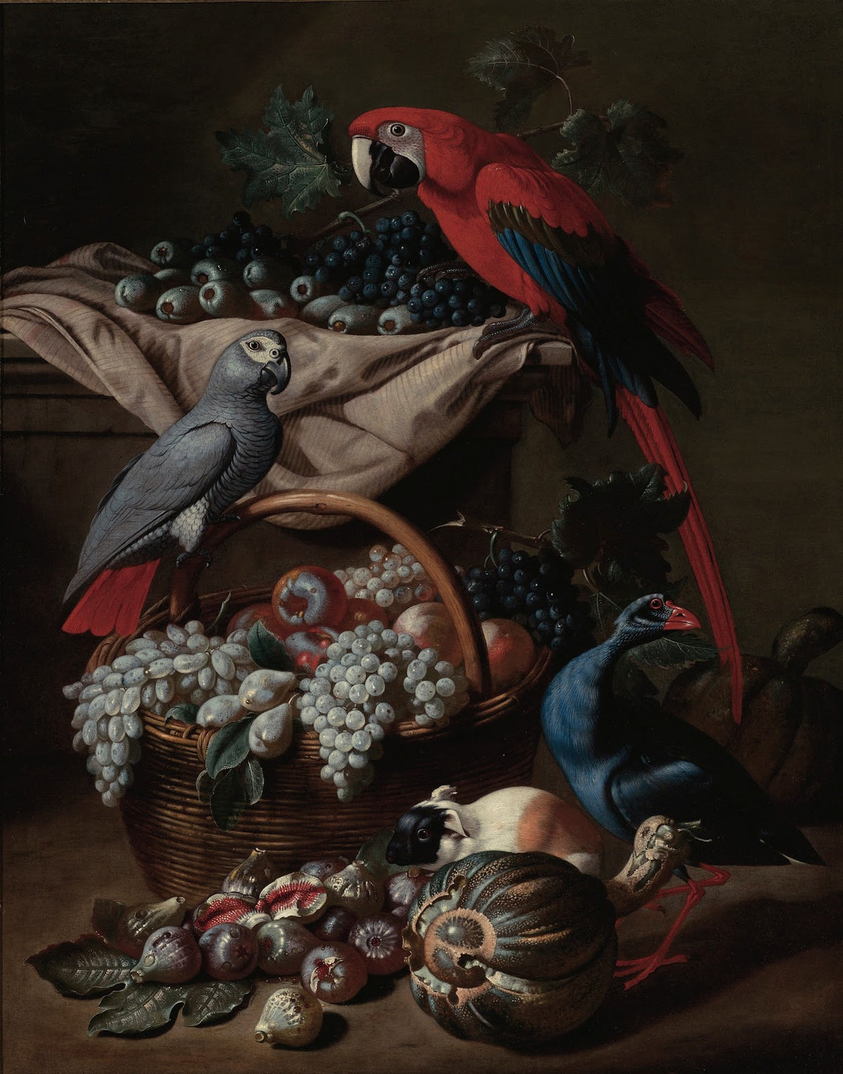 Still Life With Two Parrots A Guinea PigA Basket Of Fruit And Fowl