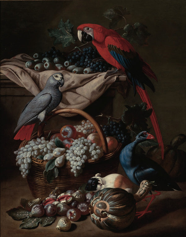 Still Life With Two Parrots A Guinea PigA Basket Of Fruit And Fowl