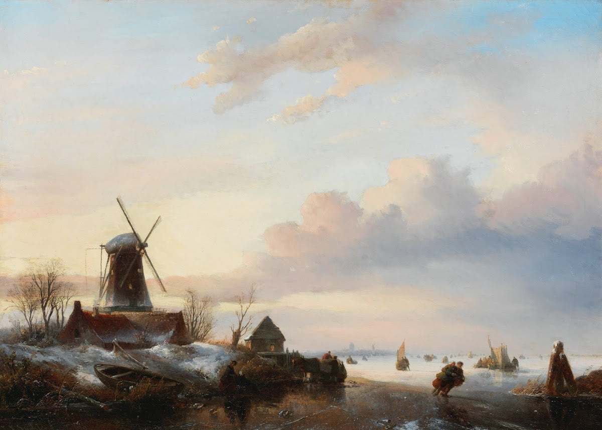 Winter landscape with skaters beside a windmill