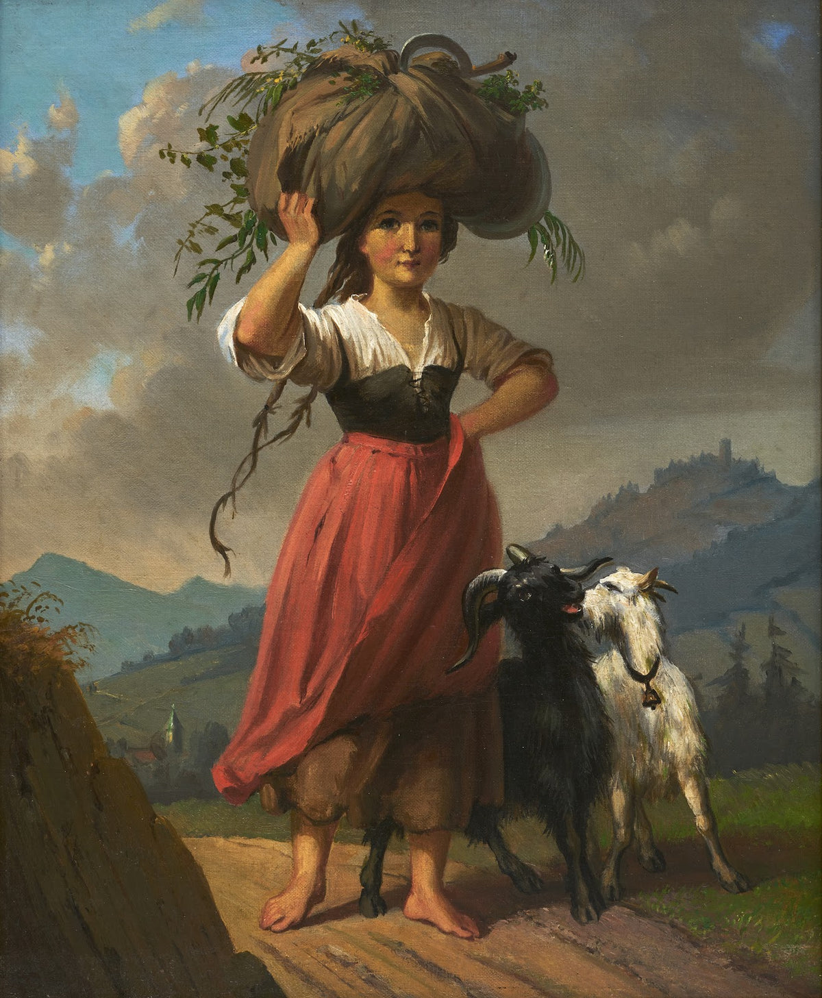Peasant Girl with Two Goats Carrying a Bundle of Hay