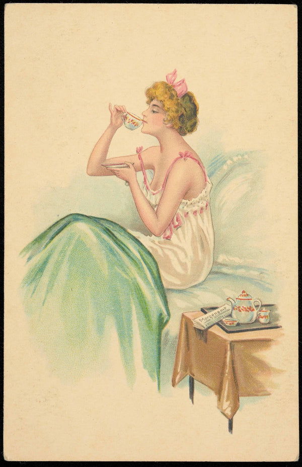 A woman in a negligee drinks her morning coffee in bed 20th century
