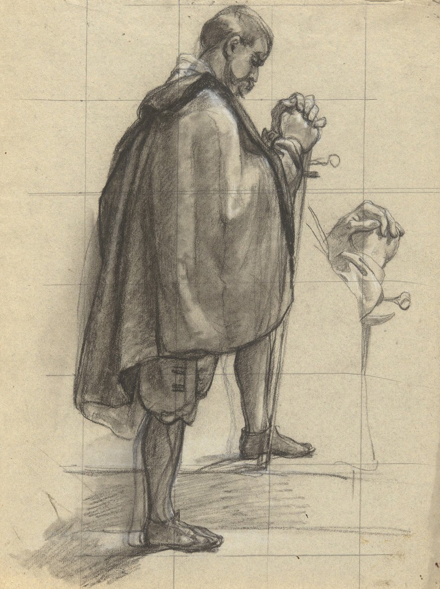 Standing Man praying sketch for Signing of the Compact in the Cabin of theMayflo