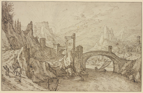 Felsiges Flußtal im Vordergrund eine Bogenbrücke rechts eine Stadt