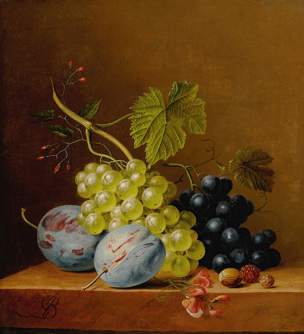 Grapes plums raspberries flowers and an acorn on a wooden ledge