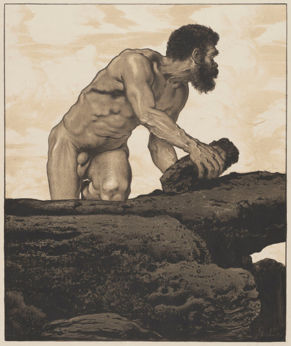 Nude of an Old Man Kneeling on a Rock with a Boulder in his Hand 1895