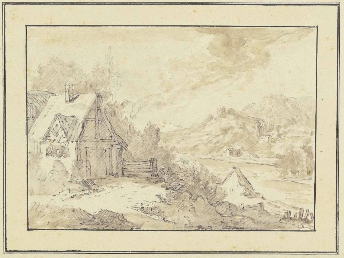 Bergiges Flußufer mit Burgen und Häusern