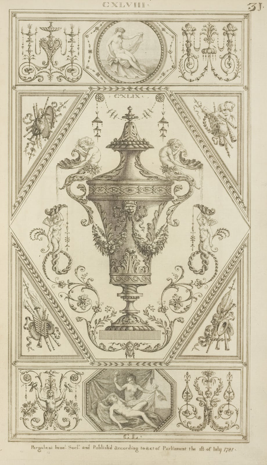 Central design of urn with two mermen on lid pouring water from shells 1777   17