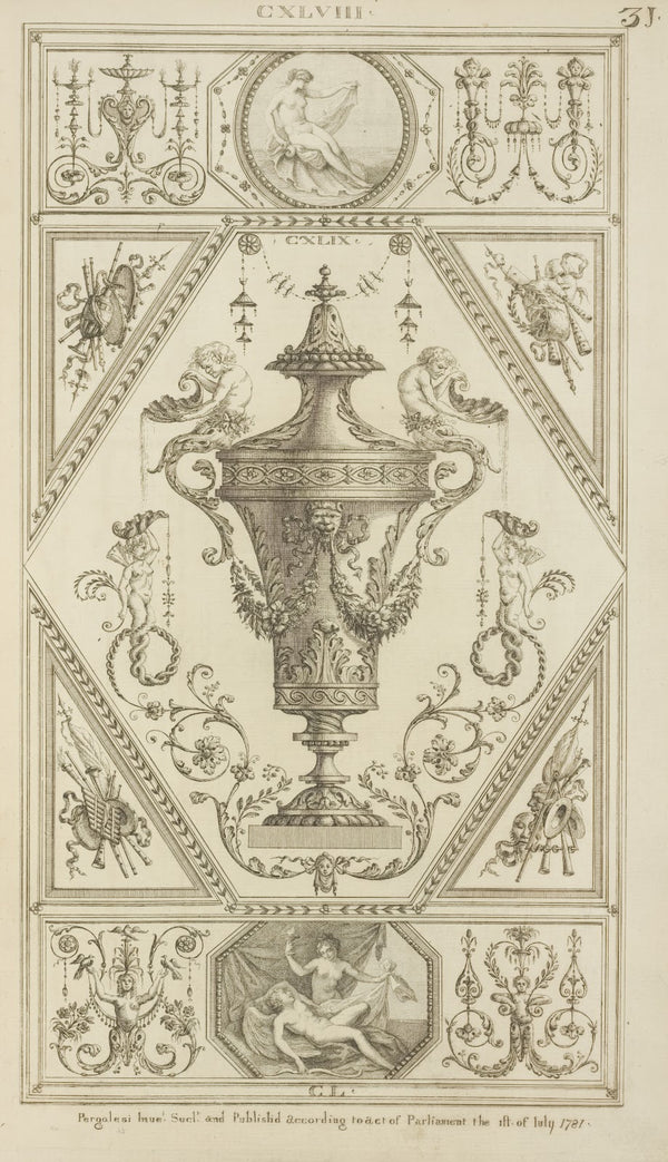Central design of urn with two mermen on lid pouring water from shells 1777   17