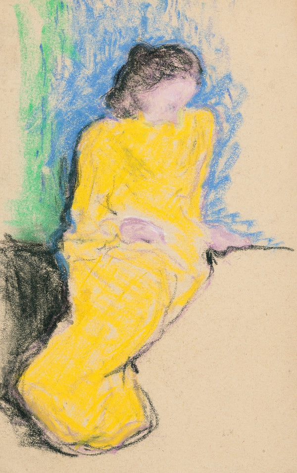Femme assise en robe jaune