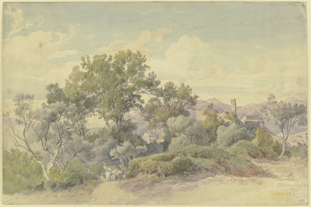 Weite italienische Gebirgslandschaft mit Olevano 1850