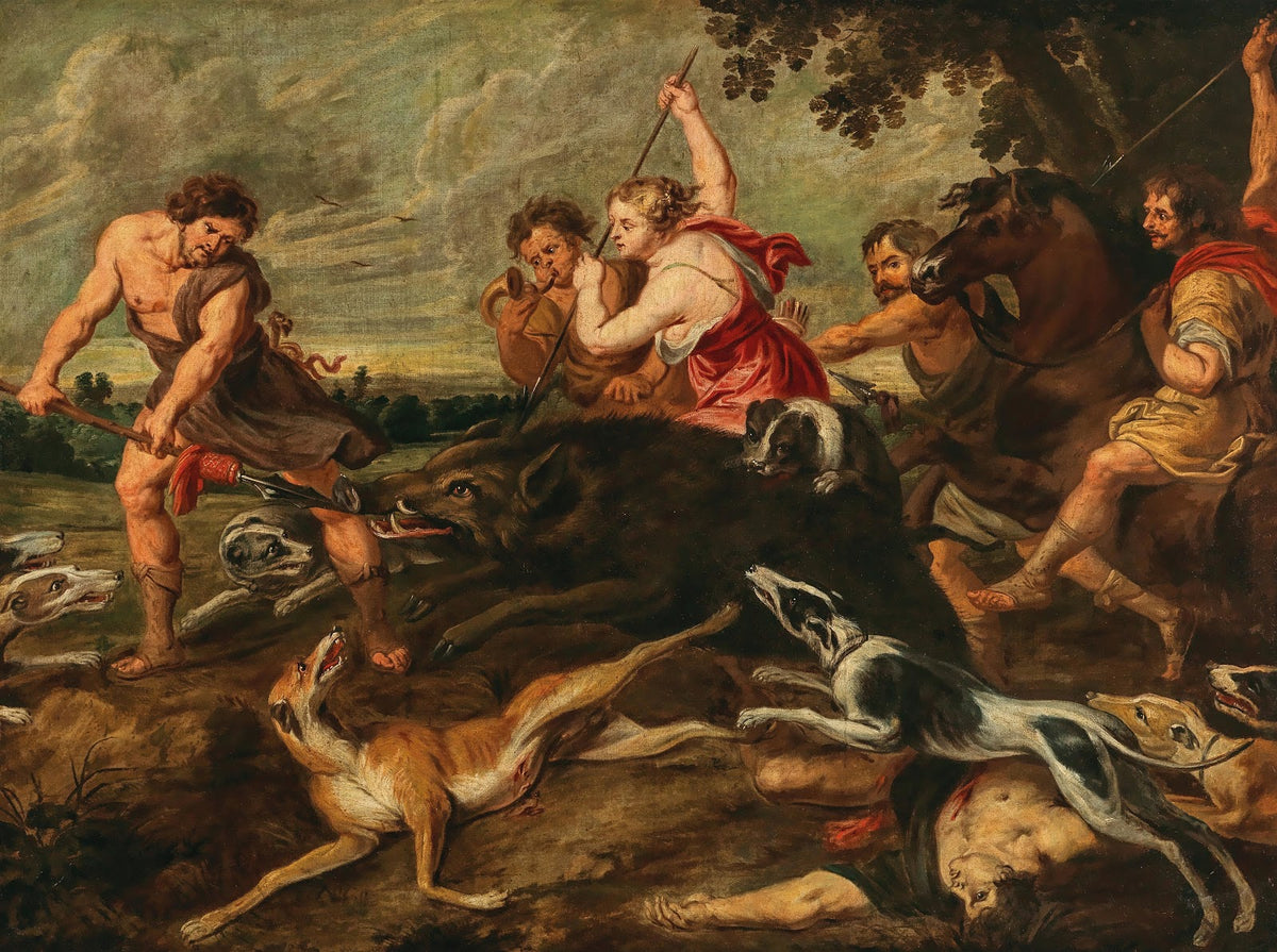 Meleager and Atalante hunting the Calydonian boar
