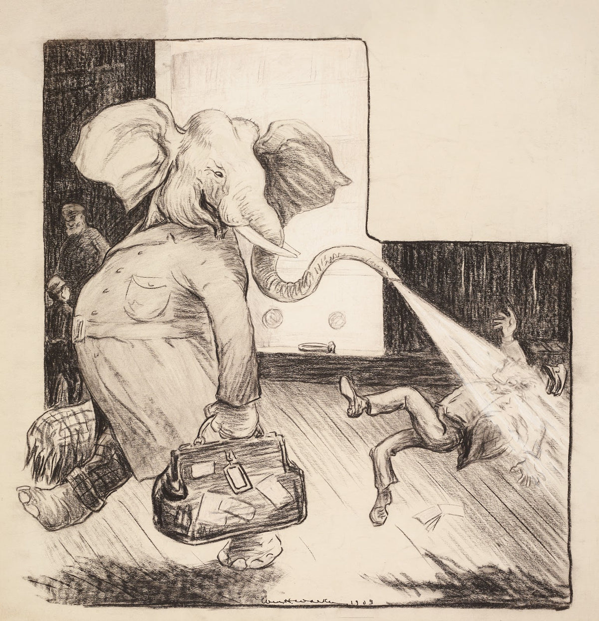 The Republican Party elephant blasts a man walking behind him with water from hi