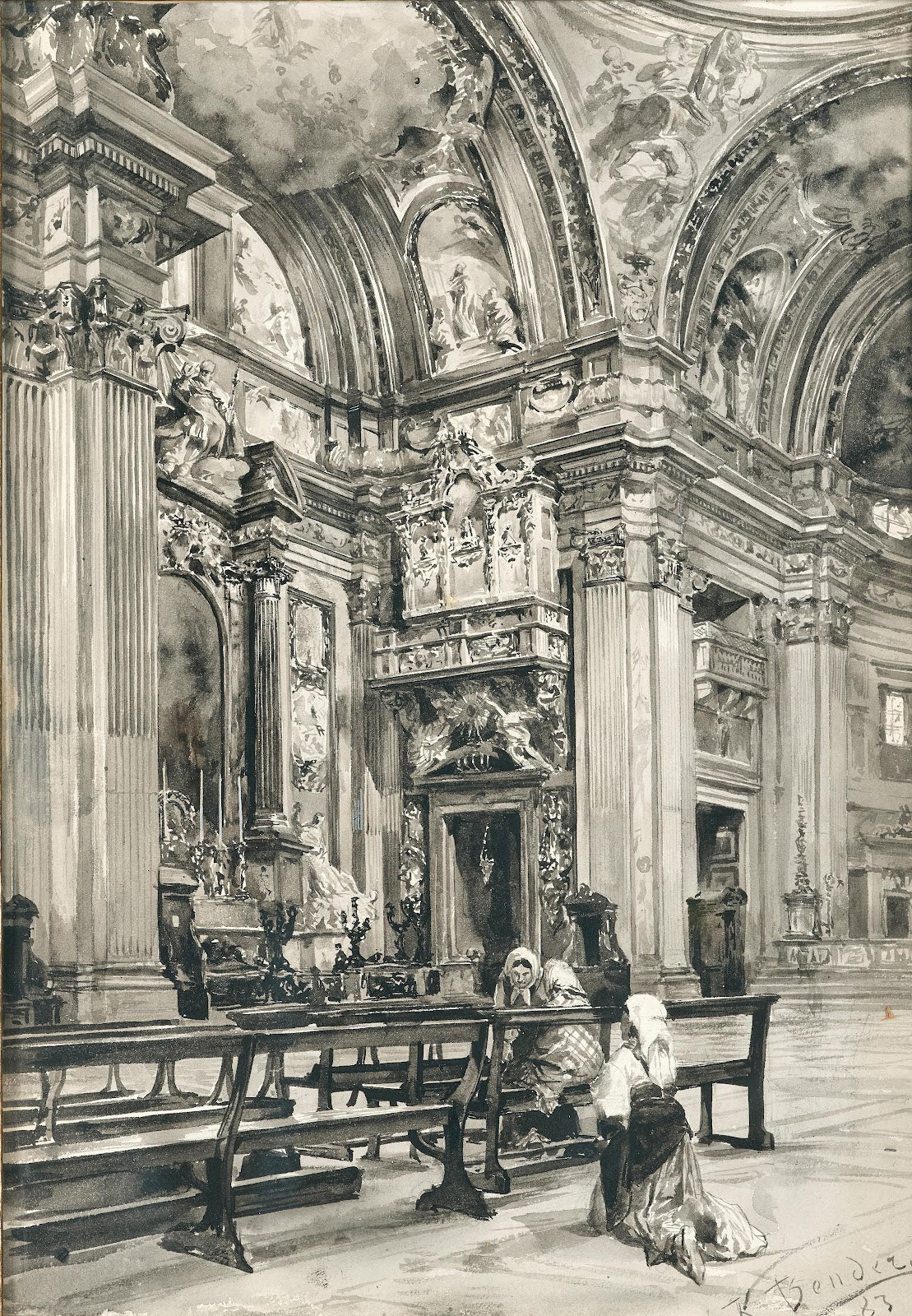 The church nave of Il Gesù in Rome with women in prayer 1883