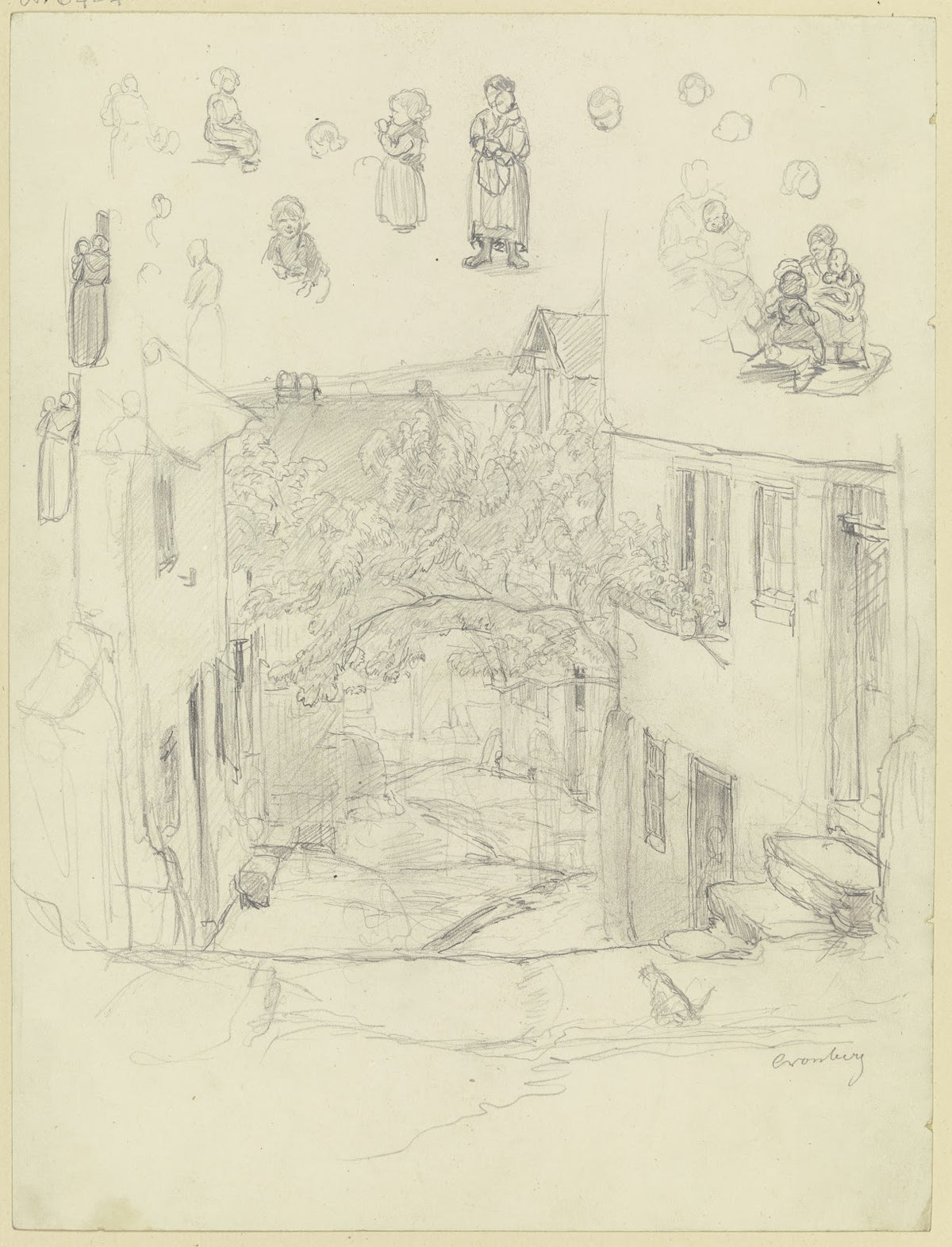 Studienblatt Ansicht einer Straße in Kronberg oben verschiedene Figurenstudien