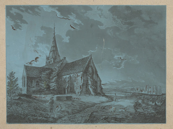 Country church with figures one holding a shovel at night 1809 1844