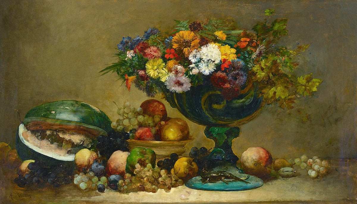 Still life of flowers and fruit