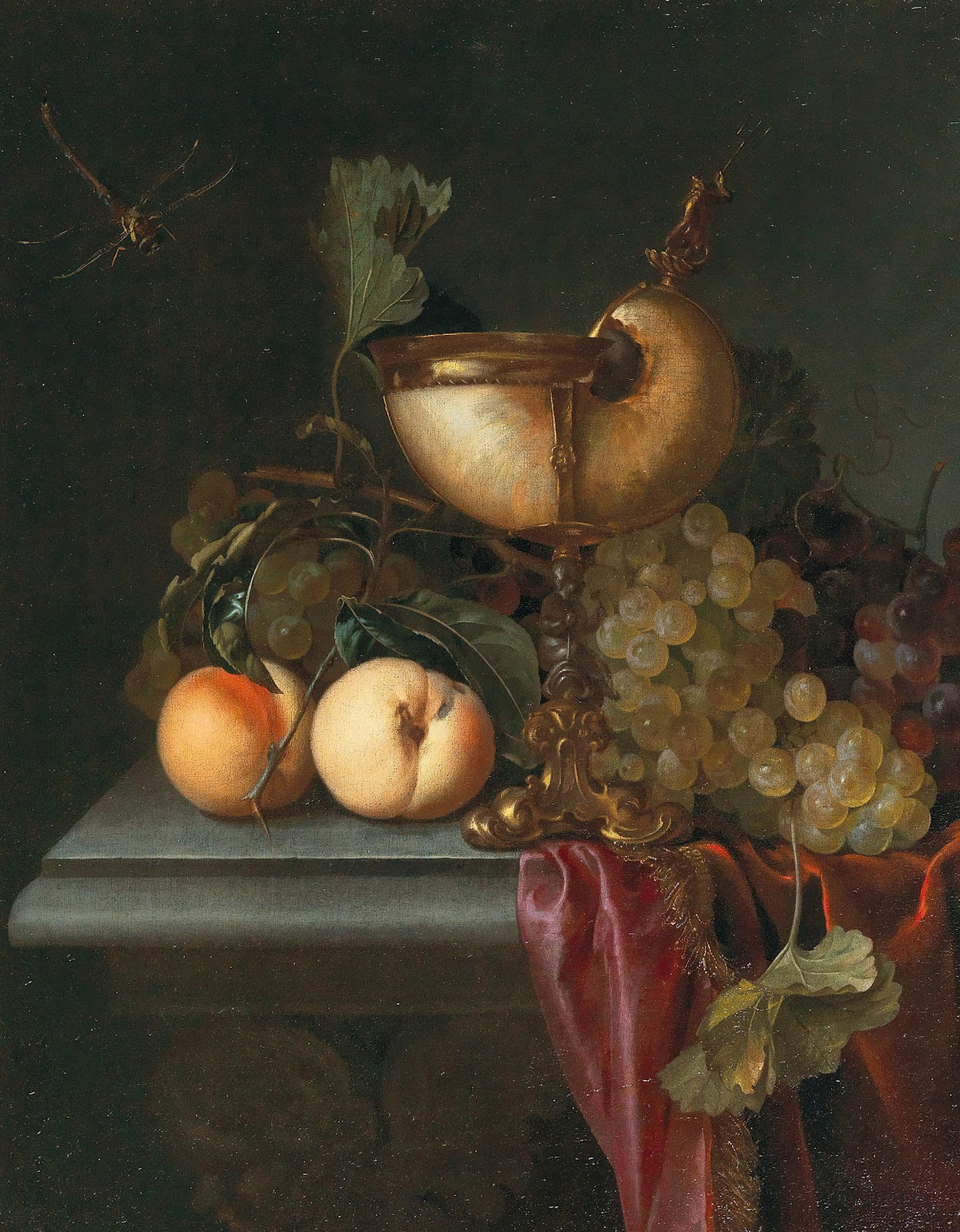 Still life with a Nautilus cup grapes and peaches