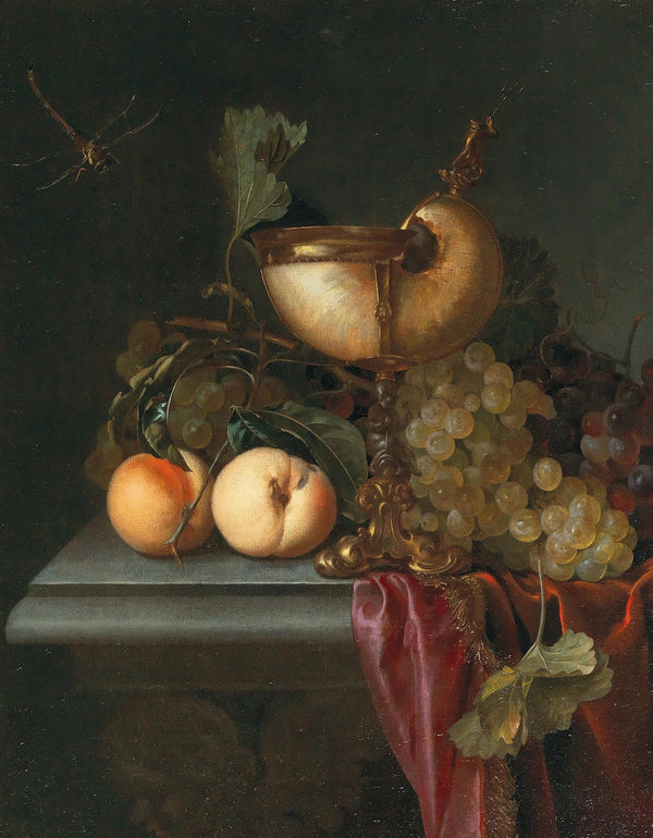 Still life with a Nautilus cup grapes and peaches
