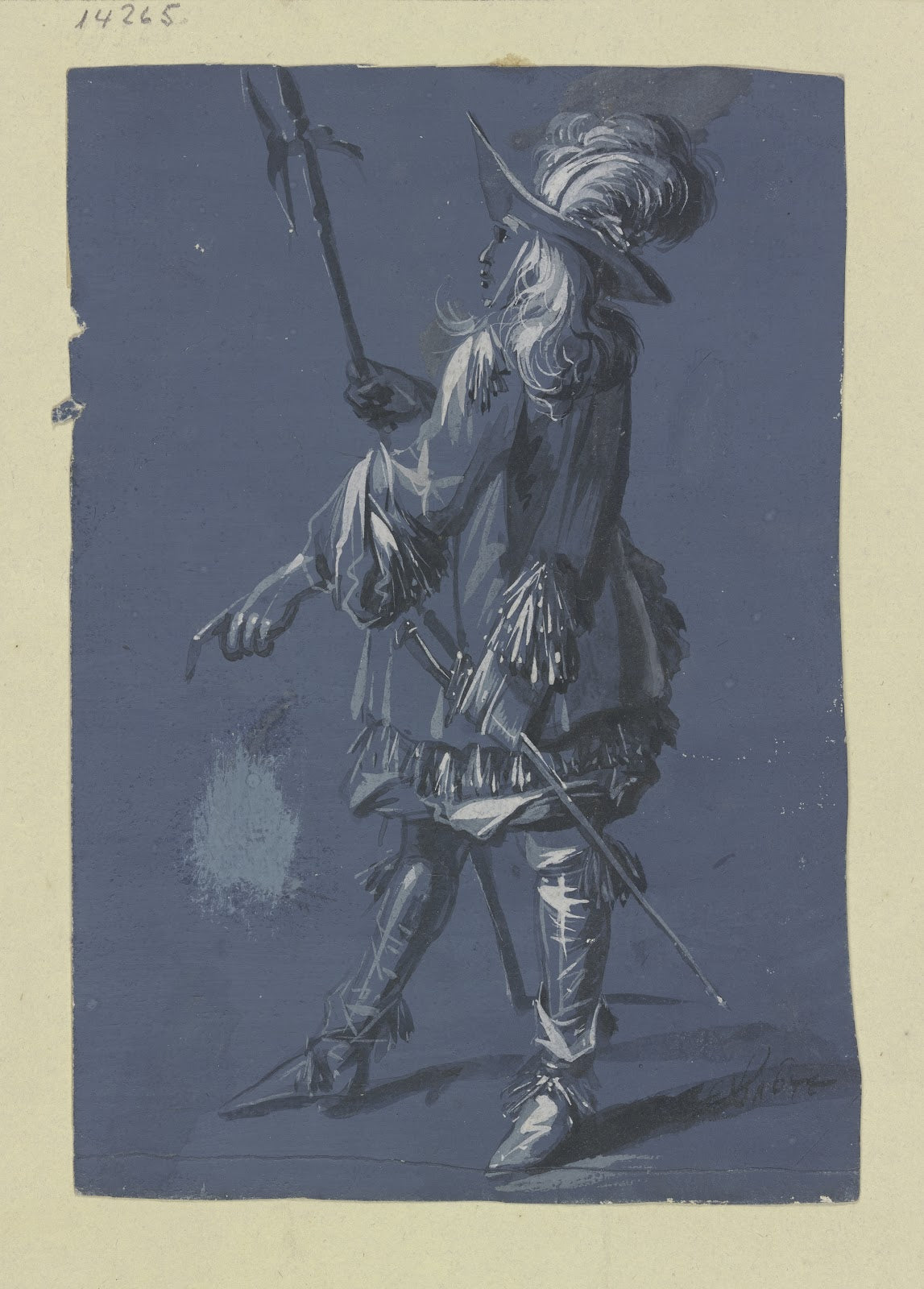 Stehender Offizier mit Hellebarde und Degen im Profil nach links ca 1644