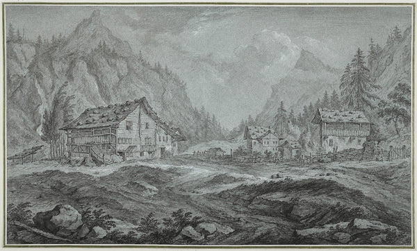 Gebirgstal mit Bauernhäusern Amsteg im Kanton Uri ca 1780