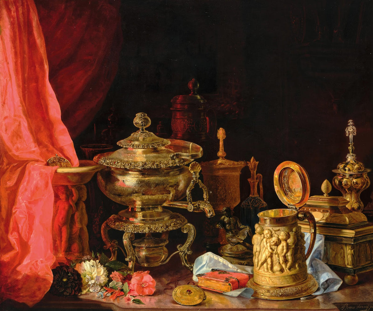 Still Life with Flowers a Tankard with Figural Decor and Samovar 1843