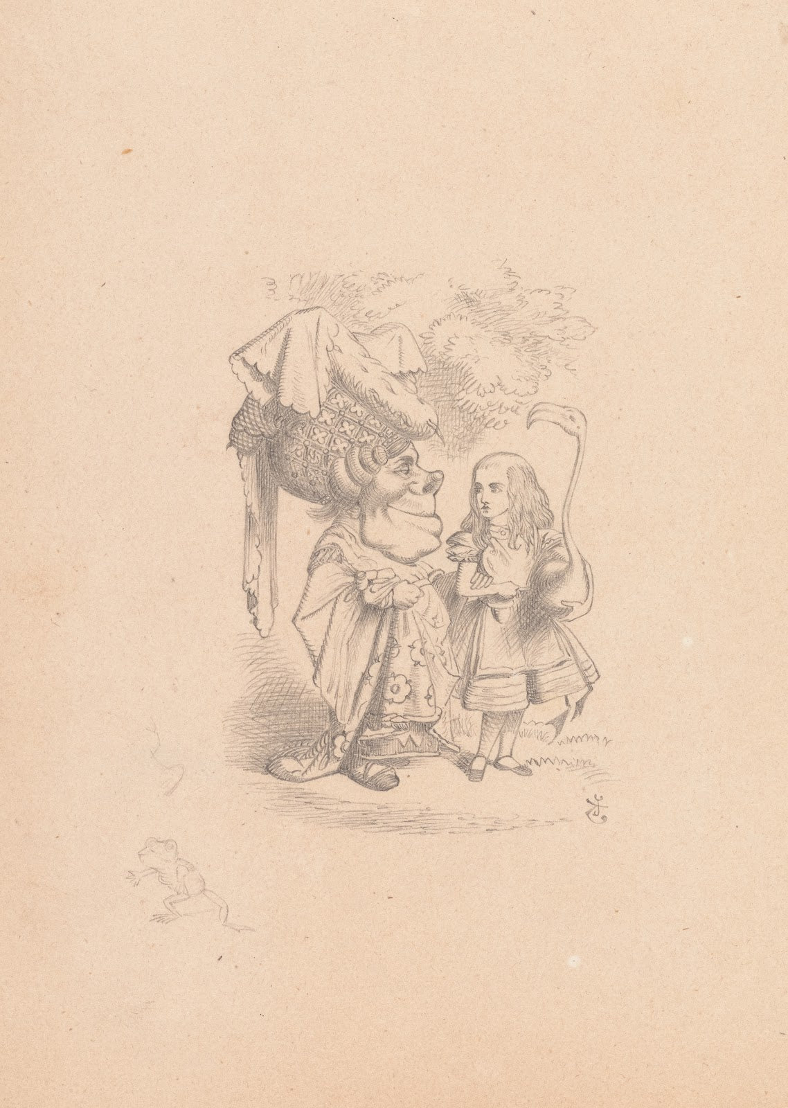 Drawing of Alice with flamingo chats with the Duches 1866
