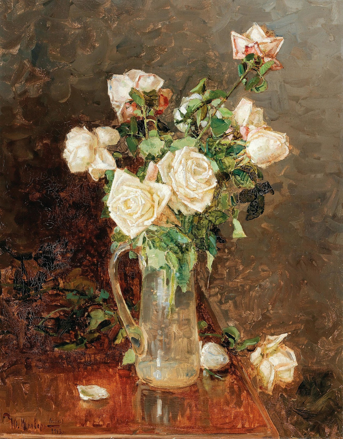 A bouquet of roses in a glass ewer 1912