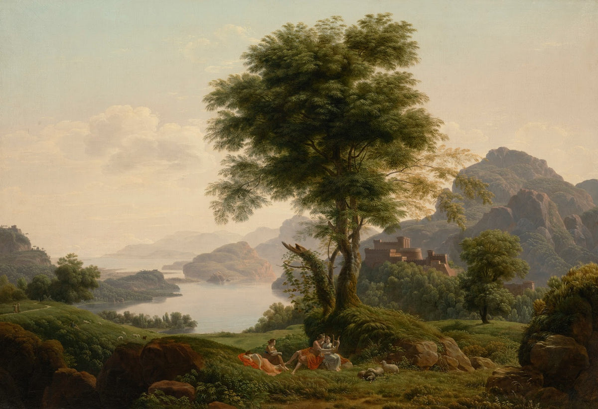 An extensive lake landscape at dawn with Orpheus and Eurydice a castle beyond 18