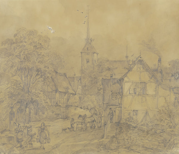 Dorfstraße mit Kirche und Wirtshaus