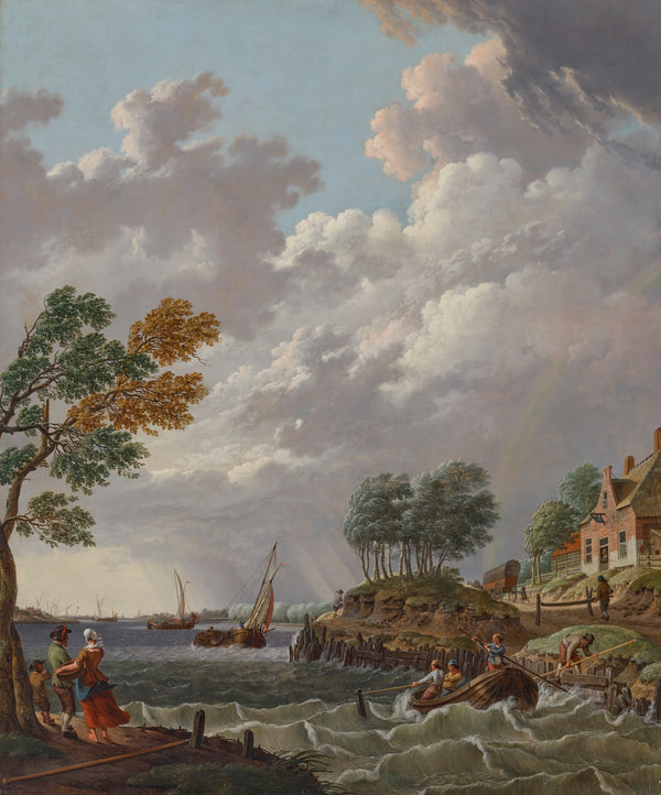 A river landscape in a storm with sailing vessels and a rowing boat in choppy wa