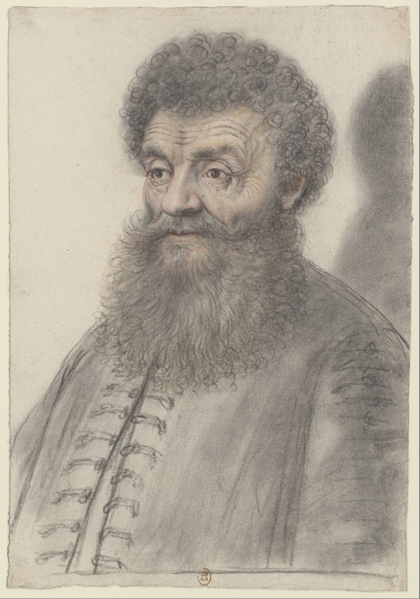 Homme à large barbe en éventail et aux cheveux frisés portant une veste à brande