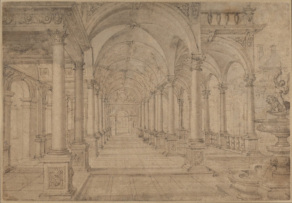 Architectural Capriccio with an Arcade and Fountain in Point Perspective Study f